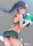  1girl aqua_bikini ass back ball bangs beachball bikini bikini_skirt blush brown_eyes closed_mouth commentary_request eyebrows_visible_through_hair from_behind grey_hair gyuunyuu_bin hair_between_eyes holding holding_ball kantai_collection kasumi_(kantai_collection) long_hair looking_at_viewer one_eye_closed ribbon side_ponytail simple_background solo standing swimsuit thighs tongue tongue_out wet white_ribbon 