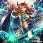  1girl axe blue_gloves bracer breasts chains clouds esukee gloves greaves green_eyes holding holding_axe kaizoku_ookoku_koronbusu long_hair looking_at_viewer medium_breasts navel official_art redhead slashing solo standing watermark 
