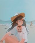  1girl bangs beach blue_sky bracelet brown_hair choker clea commentary_request day hat jewelry long_hair looking_afar original outdoors sand shirt short_sleeves sitting sky solo straw_hat sunlight white_shirt 