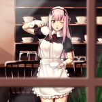  1girl ;o alternate_costume apron cafe cup darling_in_the_franxx dress enchuu enmaided frills green_eyes highres horns indoors maid one_eye_closed open_mouth overalls pink_hair pouring puffy_short_sleeves puffy_sleeves short_sleeves solo tea teacup teapot waitress zero_two_(darling_in_the_franxx) 