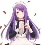  1girl alternate_costume apron bow bowtie enmaided hatsukoi_zombie heart heart_hands highres ibusuki_ririto leaf long_hair long_sleeves looking_at_viewer maid maid_apron maid_headdress minenami_ryou official_art purple_hair red_bow red_neckwear solo spoilers violet_eyes wig yame_ririsu 