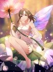  1girl barefoot blurry blurry_background breasts brown_eyes brown_hair cleavage detached_sleeves fairy flower highres holding holding_flower leaf medium_hair midriff navel original pointy_ears see-through sitting small_breasts smile solo soyubee twitter_username 