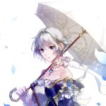  1girl bare_shoulders blue_eyes choker collarbone ddaomphyo gem holding holding_umbrella original over_shoulder petals short_hair silver_hair umbrella upper_body white_background white_choker white_umbrella 