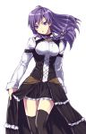  1girl alternate_costume braid breasts commentary_request corset dress long_hair looking_at_viewer maria_traydor murata_tefu open_mouth purple_hair solo standing star_ocean star_ocean_till_the_end_of_time thigh-highs white_background 