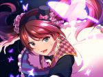  1boy :d black_bow black_hairband black_hat black_neckwear blue_eyes bow bowtie brown_hair bug butterfly eyebrows_visible_through_hair hair_ornament hair_scrunchie hairband hat hat_bow idolmaster idolmaster_side-m insect mini_hat mini_top_hat mizushima_saki open_mouth pink_bow pink_scrunchie sayshownen scrunchie smile solo teeth top_hat trap twintails 