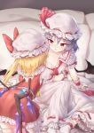  2girls arm_support ascot ass back_cutout bat_wings bed blue_hair bow clenched_hand collarbone commentary_request cowboy_shot crystal dress feet_out_of_frame flandre_scarlet frilled_shirt_collar frills from_behind hat hat_bow hat_ribbon highres incest indoors knee_up kneeling long_hair looking_at_another miniskirt minust mob_cap multiple_girls off_shoulder one_side_up parted_lips petticoat pillow puffy_short_sleeves puffy_sleeves red_bow red_eyes red_neckwear red_ribbon red_skirt red_vest remilia_scarlet ribbon ribbon-trimmed_dress ribbon_trim short_hair short_sleeves siblings sisters sitting skirt slit_pupils socks thigh-highs thighs touhou vest white_dress white_hat white_legwear wings wrist_cuffs yellow_neckwear yuri zettai_ryouiki 