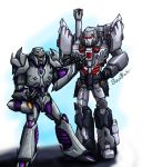  2boys arm_cannon artist_name autobot cannon character_request decepticon deviantart_username glowing hand_up highres insignia machinery mecha megatron megatron_(idw) megatron_(prime) multiple_boys no_humans oldschool open_mouth red_eyes robot science_fiction soundbluster tagme teeth the_transformers_(idw) transformers weapon 