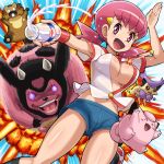  1girl akane_(pokemon) bidoof breasts bursting_breasts clefairy creatures_(company) delcatty explosion eyebrows_visible_through_hair game_freak gen_1_pokemon gen_2_pokemon gen_3_pokemon gen_4_pokemon gym_leader hair_ornament hairclip large_breasts milk miltank navel nintendo open_mouth pink_eyes pink_hair pokemoa pokemon pokemon_(creature) pokemon_(game) pokemon_hgss popped_button shorts twintails 