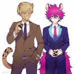  2boys alternate_costume animal_ears blonde_hair business_suit closed_eyes coffee formal glasses gradient_hair lycao_(show_by_rock!!) male_focus multicolored_hair multiple_boys necktie pink_hair purple_hair rom_(show_by_rock!!) sebychu show_by_rock!! suit tail 