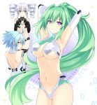  3girls ahoge armpits arms_behind_head bare_shoulders black_sister blue_hair breasts cleavage drill_hair elbow_gloves gloves green_eyes green_hair green_heart grey_hair highres large_breasts long_hair looking_at_viewer looking_back multiple_girls navel neptune_(series) ponytail power_symbol red_eyes short_hair short_hair_with_long_locks smile symbol-shaped_pupils twin_drills violet_eyes white_heart zero_(ray_0805) 