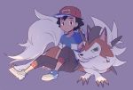  1boy ame025 black_hair blue_footwear brown_eyes creatures_(company) game_freak gen_7_pokemon green_eyes hat lycanroc nintendo orange_fur pokemon pokemon_(anime) pokemon_sm_(anime) red_hat satoshi_(pokemon) shirt striped striped_shirt wolf 