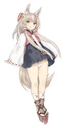  1girl anchor animal_ears arm_at_side azur_lane bangs bell blue_skirt eyebrows_visible_through_hair feet_together full_body goekawa green_eyes hair_bell hair_between_eyes hair_ornament highlights highres kamikaze_(azur_lane) kneehighs licking_lips long_hair looking_at_viewer multicolored_hair panties platform_footwear pleated_skirt red_shirt ribbon-trimmed_sleeves ribbon_trim sandals shirt side-tie_panties simple_background skirt solo standing striped striped_shirt tongue tongue_out underwear vertical-striped_shirt vertical_stripes very_long_hair white_background white_legwear white_panties white_sleeves wide_sleeves 