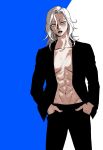  1girl abs bare_chest blue_background cigarette coat commentary covering covering_breasts eyebrows gyeoggi_3_ban hands_in_pockets highres korean_commentary lipstick makeup maria_dacascos muscle muscular_female pipi(egooegoo000) shirtless silver_hair white_background 