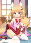  1girl animal_ears bell blonde_hair blue_eyes character_doll detached_sleeves food fox_ears fox_tail hair_ornament hairclip jingle_bell kemomimi_oukoku_kokuei_housou kneeling kurot lifted_by_self long_hair looking_at_viewer mikoko_(kemomimi_oukoku_kokuei_housou) miniskirt mouth_hold navel open_clothes open_shirt pink_shirt pocky red_skirt shirt skirt skirt_lift solo sparkle stuffed_toy tail thigh-highs thighs twintails white_legwear window zettai_ryouiki 