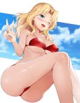  1girl ass bangs bikini blonde_hair blue_eyes blue_sky breasts chacharan clouds collarbone commentary_request day eyebrows_visible_through_hair feet_out_of_frame from_below girls_und_panzer highres kay_(girls_und_panzer) large_breasts legs_together looking_at_viewer medium_hair open_mouth outside_border parted_bangs red_bikini shiny shiny_hair shiny_skin sitting sky solo swimsuit v wavy_hair 