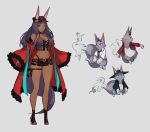  1girl ainezu animal_ear_fluff animal_ears aqua_eyes bare_shoulders belt bracelet breasts choker cleavage commentary_request concept_art dark_skin ears_through_headwear eyeshadow fang fate/grand_order fate_(series) hat high_heels highres jewelry large_breasts legs long_hair makeup midriff navel pouch purple_hair queen_of_sheba_(fate/grand_order) short_shorts shorts simple_background sketch smile solo tail thighs wide_sleeves 