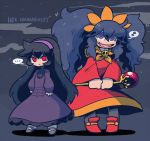  ... 2girls angry ashley_(warioware) ashley_(warioware)_(cosplay) black_hair character_name commentary cosplay costume_switch creatures_(company) dress game_freak hairband hex_maniac_(pokemon) hex_maniac_(pokemon)_(cosplay) intelligent_systems multiple_girls nintendo pokemon pokemon_(game) pokemon_xy purple_hair rariatto_(ganguri) red_eyes smile staff super_smash_bros. swirly_eyes thought_bubble tsundere twintails violet_eyes warioware 