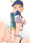 1girl ahoge artoria_pendragon_(all) bangs baseball_cap between_legs bikini bikini_pull blonde_hair blue_eyes blue_hat blush breasts cleavage closed_mouth commentary covering covering_crotch dutch_angle eyebrows_visible_through_hair fate/grand_order fate_(series) from_below hair_between_eyes hair_through_headwear hand_between_legs hand_under_clothes hand_under_swimsuit hat highres large_breasts leg_ribbon leg_strap legs long_hair long_sleeves looking_at_viewer midriff mouth_hold mysterious_heroine_xx_(foreigner) navel nishin_(nsn_0822) ponytail ribbon shrug_(clothing) side-tie_bikini simple_background sitting sketch solo spread_legs stomach swimsuit thighs white_background white_bikini 