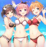  3girls :d ;d ahoge aqua_eyes arm_up armpits ass_visible_through_thighs bangle bangs bare_arms bare_shoulders bikini black_bikini black_hairband black_ribbon blue_sky bow bow_bikini bracelet breasts brown_hair character_request cleavage commentary_request copyright_request cowboy_shot day eyebrows_visible_through_hair frilled_bikini frilled_hairband frills green_eyes groin hair_intakes hair_ribbon hairband highres jewelry looking_at_viewer medium_breasts multiple_girls navel ocean one_eye_closed open_mouth orange_bow orange_hair outdoors outstretched_arm pink_hair red_bikini ribbon short_hair side-tie_bikini sky smile sora_from_france stomach string_bikini swimsuit thighs two_side_up v violet_eyes virtual_youtuber water_drop waving wet white_bikini 