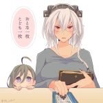  ahoge bills breasts colis glasses grey_hair hair_between_eyes hand_on_table kantai_collection kiyoshimo_(kantai_collection) large_breasts musashi_(kantai_collection) peeking_out red_eyes semi-rimless_eyewear short_hair_with_long_locks twitter_username wallet 