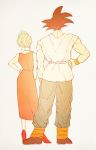  1boy 1girl bare_arms black_hair bracelet bulma clenched_hand dougi dragon_ball dragonball_z dress earrings facing_away full_body grey_background hand_on_hip height_difference high_heels jewelry necklace older onkywi orange_dress red_footwear short_hair simple_background sleeveless sleeveless_dress son_gokuu spiky_hair standing wristband 