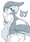 1girl absurdres blush bow commentary dress eyebrows_visible_through_hair frilled_dress frills greyscale hair_bow highres japari_symbol kanzakietc kemono_friends looking_at_viewer looking_back monochrome multicolored_hair narwhal_(kemono_friends) narwhal_tail open_mouth panties pillow pillow_hug puffy_short_sleeves puffy_sleeves sailor_dress short_dress short_hair_with_long_locks short_sleeves simple_background solo tail tail_through_clothes underwear white_background