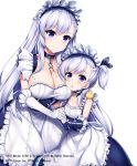  2girls :o animal animal_on_shoulder apron azur_lane bangs belchan_(azur_lane) belfast_(azur_lane) bird bird_on_shoulder blue_choker blue_dress blue_ribbon blush braid breasts broken broken_chain chain chains chick choker cleavage closed_mouth collarbone commentary_request dress elbow_gloves eyebrows_visible_through_hair frilled_apron frills gloves hair_between_eyes hair_ribbon hand_holding highres interlocked_fingers large_breasts long_hair maid_headdress multiple_girls official_art one_side_up parted_lips purple_hair raiou ribbon simple_background sleeveless sleeveless_dress smile striped striped_ribbon very_long_hair violet_eyes waist_apron watermark white_apron white_background white_gloves younger 