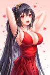  1girl :d armpits arms_up azur_lane bangs black_hair blush breasts brown_background cleavage commentary_request dress eyebrows_visible_through_hair gradient gradient_background hair_between_eyes hair_ornament head_tilt heart highres large_breasts long_hair looking_at_viewer lunacle one_side_up open_mouth red_dress red_eyes sleeves_past_wrists smile solo taihou_(azur_lane) very_long_hair white_background 