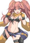  1girl arms_up belt bikini black_bikini black_swimsuit breasts brown_eyes brown_hair character_request clenched_hands commentary_request copyright_request gloves karukan_(monjya) long_hair navel open_mouth scarf small_breasts smile solo swimsuit thigh-highs thigh_strap yellow_gloves yellow_legwear yellow_scarf 