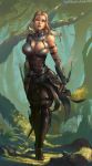  1girl armor artist_name bare_shoulders blonde_hair breasts cleavage commission cutesexyrobutts divinity:_original_sin divinity:_original_sin_2 elf forest highres hips large_breasts lips long_hair looking_at_viewer nature pointy_ears red_eyes sebille signature solo standing thighs tree 