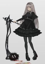  1girl absurdres aer7o bangs black_dress black_footwear black_legwear blood boots breasts closed_mouth cross cross-laced_footwear cross_earrings cuffs dress earrings eyebrows_visible_through_hair gen_3_pokemon grey_background grey_hair handcuffs highres holding jewelry lace-up_boots latios long_hair long_sleeves looking_at_viewer original pantyhose pendant short_over_long_sleeves short_sleeves simple_background small_breasts solo standing standing_on_one_leg tiara very_long_hair violet_eyes wide_sleeves 