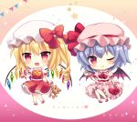  2girls ;) ascot bangs bat_wings beige_background blonde_hair blue_hair bobby_socks bow brooch chibi circle commentary_request confetti crystal cup dress eyebrows_visible_through_hair fang flandre_scarlet frilled_shirt_collar frills full_body gradient gradient_background hair_ornament hairclip hat hat_bow hat_ribbon head_tilt holding holding_cup holding_stuffed_animal jewelry long_hair looking_at_viewer mary_janes mayo_(miyusa) mob_cap multiple_girls one_eye_closed one_side_up open_mouth petticoat pink_background pink_dress pink_hat pink_legwear pointing puffy_short_sleeves puffy_sleeves red_bow red_eyes red_footwear red_neckwear red_ribbon red_skirt red_vest remilia_scarlet ribbon shirt shoes short_sleeves siblings sisters sitting skirt smile socks standing star string_of_flags stuffed_animal stuffed_toy teacup teddy_bear touhou vest white_hat white_legwear white_shirt wings wrist_cuffs yellow_neckwear 