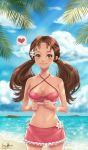  1girl artist_name beach bikini blue_sky breasts brown_eyes brown_hair clouds day flower frilled_bikini_top heart highres island long_hair looking_at_viewer medium_breasts navel ocean original outdoors ribbon sky smile soyubee speech_bubble spoken_heart standing summer swimsuit twintails white_flower yellow_ribbon 