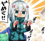 1girl bangs blue_eyes blue_jacket blush bow commentary_request eromanga_sensei eyebrows_visible_through_hair hair_between_eyes hair_bow hands_up izumi_sagiri jacket kanikama long_hair long_sleeves lowres nose_blush open_mouth pink_bow silver_hair solo stuffed_animal stuffed_octopus stuffed_toy sweat teddy_bear track_jacket translated trash_can used_tissue v-shaped_eyebrows wide_sleeves 