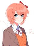  1girl artist_name bow commentary doki_doki_literature_club english_commentary eyebrows_visible_through_hair eyes_visible_through_hair grey_jacket hair_between_eyes hair_bow heart heart_of_string highres jacket looking_at_viewer one_side_up open_clothes open_jacket pink_hair red_bow savi_(byakushimc) sayori_(doki_doki_literature_club) school_uniform short_hair simple_background smile solo upper_body white_background 