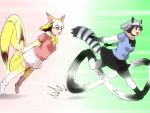  2girls animal_ears black_skirt bow brown_eyes commentary_request common_raccoon_(kemono_friends) extra_ears eyebrows_visible_through_hair fang fennec_(kemono_friends) flying fox_ears fox_tail fur_collar hair_between_eyes isuna kemono_friends motion_blur multiple_girls open_mouth pink_sweater raccoon_ears raccoon_tail running short_hair skirt sonic_the_hedgehog striped_tail sweater tail thigh-highs white_skirt yellow_legwear yellow_neckwear 