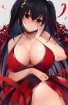  1girl absurdres azur_lane bangs bare_shoulders black_hair blush breasts choker cleavage collarbone commentary dress dress_lift flower grey_background grin hair_between_eyes hair_ornament hand_on_own_cheek highres hips large_breasts long_hair looking_at_viewer navel netarou petals red_dress red_eyes smile solo taihou_(azur_lane) twintails very_long_hair waist 