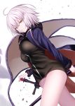  1girl ahoge bangs black_dress breasts coat dress fate/grand_order fate_(series) flag fur-trimmed_coat fur_trim hair_between_eyes highres hips jeanne_d&#039;arc_(alter)_(fate) jeanne_d&#039;arc_(fate)_(all) large_breasts looking_at_viewer maosame open_clothes open_coat pale_skin short_dress short_hair silver_hair simple_background smile solo sword thighs weapon white_background wicked_dragon_witch_ver._shinjuku_1999 yellow_eyes 