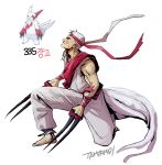  1boy artist_name barefoot creatures_(company) dougi dual_wielding facial_scar game_freak gen_3_pokemon hairband hat holding male_focus muscle nintendo old_man one_knee personification pink_eyes pokemon pokemon_(creature) pokemon_(game) profile red_hairband scar simple_background tamtamdi white_background white_hair white_hat zangoose 