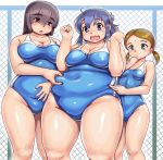  3girls bangs bare_shoulders belly belly_grab belly_poke big_belly blush breasts cleavage covered_navel curvy embarrassed eyebrows_visible_through_hair fat fat_folds fat_step-sister_(orizen) hands_up highres large_breasts multiple_girls original orizen plump school_swimsuit shiny shiny_clothes shiny_skin short_hair short_twintails size_difference skinny small_breasts sweatdrop swimsuit thick_thighs thighs twintails weight_conscious 