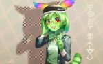  1girl :d alternate_costume animal_ears bespectacled bow bowtie cerval commentary_request cuneiform extra_ears glasses green_hair green_skin hand_on_eyewear hat index_finger_raised kemono_friends open_mouth red-framed_eyewear red_eyes serval_tail short_hair smile solo tail welt_(kinsei_koutenkyoku) 