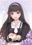  1girl :d antweiyi bangs blue_eyes blunt_bangs brown_hair camera card_captor_sakura daidouji_tomoyo flower hairband highres holding holding_camera long_hair looking_at_viewer open_mouth purple_flower purple_hairband school_uniform smile solo tomoeda_elementary_school_uniform upper_body very_long_hair white_neckwear 