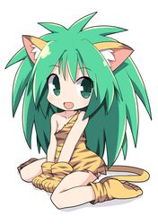  1girl :d animal_ear_fluff animal_ears animal_hands animal_print bare_shoulders cham_cham commentary_request gloves green_eyes green_hair highres osaragi_mitama paw_gloves paw_shoes print_gloves samurai_spirits single_strap smile solo tail tiger_ears tiger_girl tiger_print tiger_tail yellow_gloves 