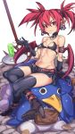  1girl :3 arm_belt arm_support armband black_bikini_top black_collar black_footwear black_gloves black_legwear black_skin boots brown_belt closed_mouth cup demon_girl demon_tail demon_wings disgaea drinking_glass drinking_straw earrings elbow_gloves etna gloves hair_tie high_heel_boots high_heels highres holding holding_spoon jewelry kuma_(jk0073) leaning_back looking_at_viewer makai_senki_disgaea microskirt mini_wings navel pointy_ears prinny red_eyes red_wings redhead short_hair sitting sitting_on_person skirt skull_earrings smile spoon sweatdrop tail thigh-highs tray twintails white_background wings 