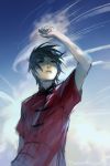  1boy arm_up black_hair blue_sky chinese_clothes clouds day highres knite male_focus short_hair sketch sky solo speedpaint wenqing_yan wind 