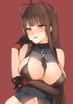  1girl antenna_hair bangs bare_shoulders between_breasts bikini_top black_bikini_top black_neckwear blunt_bangs blush breasts brown_gloves brown_hair canape_(canape0130) commentary detached_sleeves dsr-50_(girls_frontline) eyebrows_visible_through_hair girls_frontline gloves grey_jacket jacket large_breasts long_hair long_sleeves navel necktie necktie_between_breasts parted_lips red_background red_eyes simple_background single_detached_sleeve sleeveless_jacket solo sweat very_long_hair 