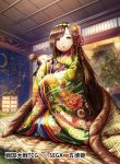  1girl architecture bangs bird blanket brown_hair doll east_asian_architecture floral_print full_body gold_trim green_eyes hair_ornament holding holding_doll indoors japanese_clothes kimono long_hair official_art parted_bangs sengoku_taisen sitting solo sunset very_long_hair watermark wide_sleeves 