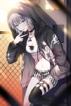 1girl :p against_wall aoba_moca artist_name bang_dream! bangs black_choker black_jacket black_legwear breasts chain-link_fence chain_necklace choker cleavage clothes_writing crop_top crossed_bangs fence green_eyes grey_hair hand_in_pocket hood hooded_jacket jacket jewelry leg_up long_sleeves looking_at_viewer midriff navel nennen o-ring paint_stains pendant short_hair short_shorts shorts single_thighhigh sock_garters solo splatter_print striped thigh-highs tongue tongue_out twitter_username v vertical-striped_shorts vertical_stripes