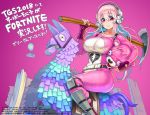  1girl belt blush bodysuit breasts closed_mouth commentary_request fortnite headphones large_breasts long_hair looking_at_viewer nitroplus official_art pickaxe pinata pink_bodysuit pink_eyes pink_hair red_eyes riding shiny shiny_hair shiny_skin skin_tight smile solo super_sonico tsuji_santa 