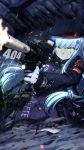  1girl absurdres action ammunition_pouch artist_name assault_rifle bangs beret black_legwear blunt_bangs breasts clenched_teeth closed_mouth clothes_writing eyebrows_visible_through_hair facial_mark firing german_flag girls_frontline gloves green_eyes gun hair_ornament hat heckler_&amp;_koch highres hk416 hk416_(girls_frontline) holding holding_gun holding_weapon jacket light long_hair looking_at_viewer magazine_(weapon) mahousho medium_breasts muzzle_flash plaid plaid_skirt pouch rain rifle shell_casing silver_hair skirt solo teardrop teeth thigh-highs very_long_hair weapon 